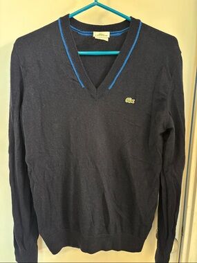 Lacoste Navy Blue V-Neck Sweater with Blue Neckline Accent
